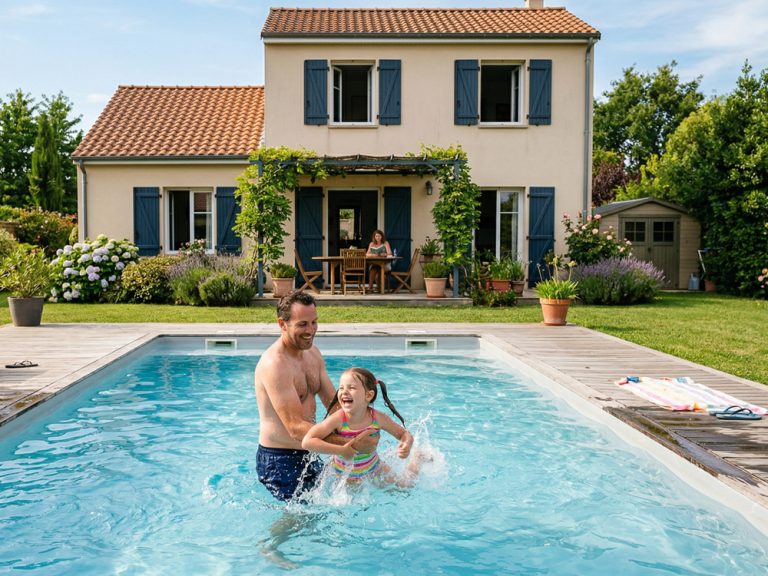Maître-nageur certifié donnant un cours de natation à un enfant dans une piscine privée à domicile