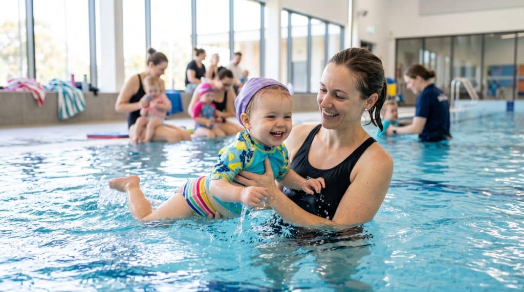 jeune enfant dans l'eau avec une maître-nageuse, souriant et confiant