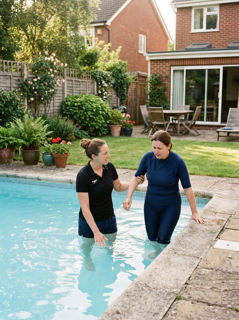 Jeune femme anxieuse accompagnée par maître-nageuse certifiée dans piscine privée