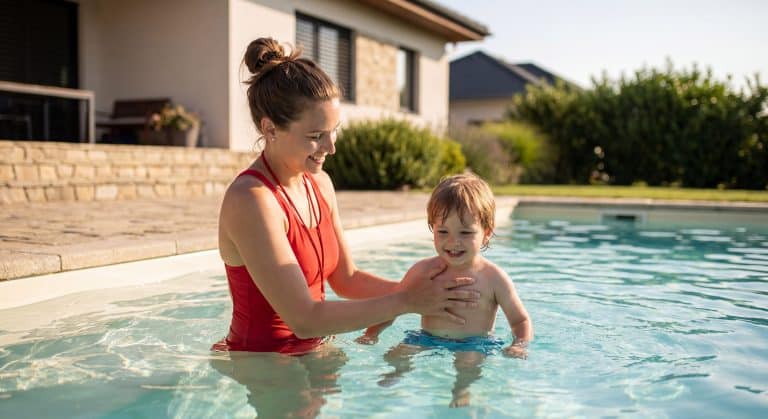 maître-nageuse avec enfant dans piscine privée au cours d'une cession Aqualink