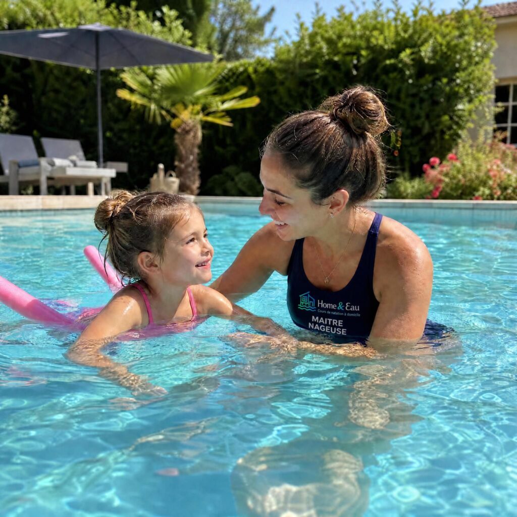 une fille et une maitre nageuse dans une piscine pour des cours de natation